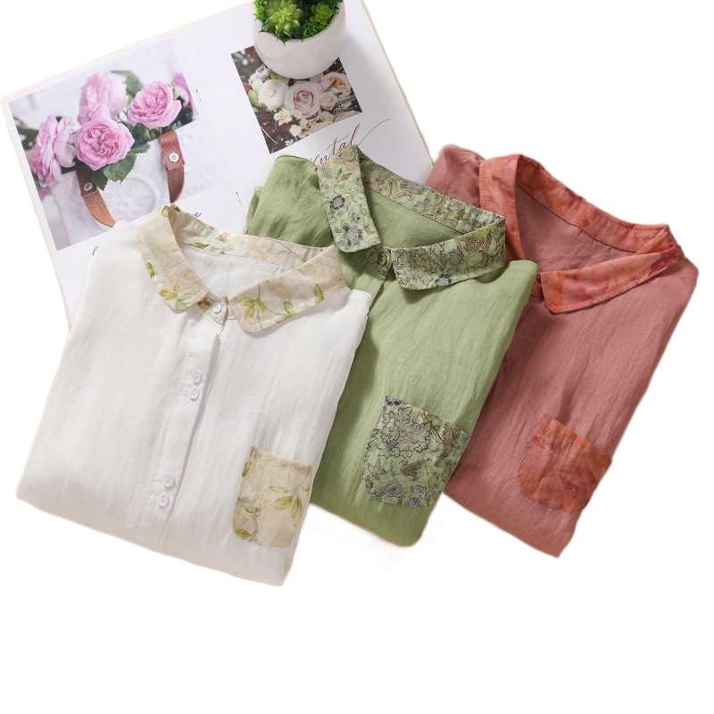 レディース シャツ トップス 綿麻素材 切り替えデザイン 短袖 シャツカラー 直筒シ...