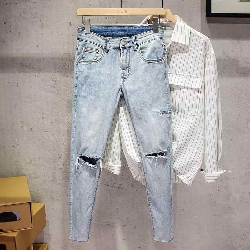 メンズ デニムパンツ 直筒 ロング ワイド 低腰 軽量 薄手 微弾性 破れ加工 水洗加工 手描き ジッパー ボタン ライトブルー 春 日常使い カジュアル ストリート ヴィンテージ風 ユース ポップ 基本 長ズボン 膝丈 膝下 ゆったり ゆったりシルエッ