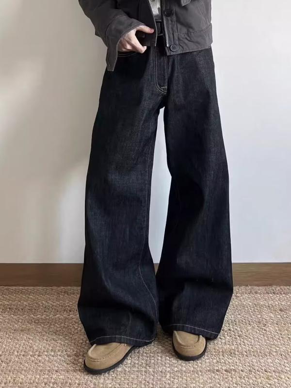 樂天商城 - メンズ レディース 牛仔パンツ 直筒型 ワイド レッグ ロング丈 ミドルウエスト ジッパー ウォッシュ加工 微弾性 黒 デニム コットン混 ポリエステル 春 春季 ユース カジュアル 普段使い アウトドア ビンテージ風 ストリート ファッション