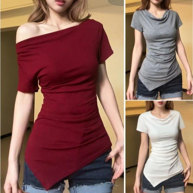 Other - Tシャツ レディース 短袖 ワンショルダー 切り替え 修身 ハイウエスト風 夏 綿 素材 3D 柄 酒紅 黒 白 灰 かわいい 韓国風 日韓 スタイル 快適 普段使い 通勤 軽量 伸縮性 ビッグシルエット Vネック風 トップス ブラウス シャツ