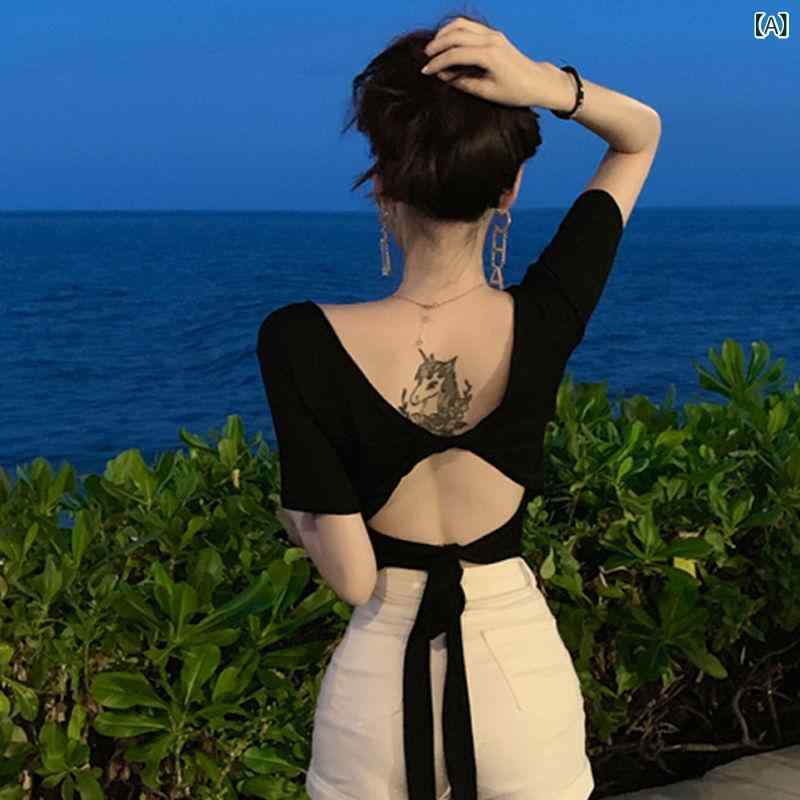 樂天商城 - Tシャツ レディース 春夏 短袖 露肩 一文字领 背中開き 紐 短丈 クロップド タイト セクシー 少女風 清新 甘い 接触冷感 再生繊維 ポリエステル 無地 セットインスリーブ 切り替え スリムフィット 黒 白