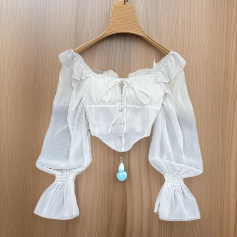 Rakuten - Tシャツ レディース 白色 ワンショルダー 肩出し ボートネック ラッパースリーブ 長袖 3D 立体 プリント ゆったり シルエット 短丈 通勤 スタイル 気質 優雅 切り替え デザイン 修身 スリム 効果 不規則 ヘム トップス シャツ ブラウス 気質