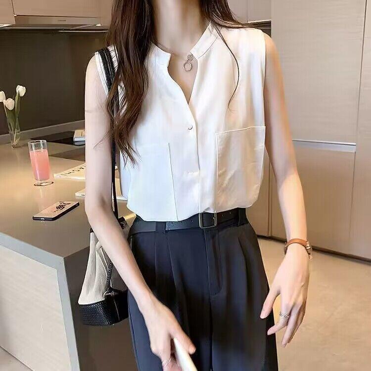 레이디스 셔츠 무소매 눈방송 블라우스 V넥 짧게 전환 버튼 디자인 탑스 폴리에스텔 소재 순색 셋업 없음 기질 우아한류 스타일 한일 경쾌한 시원한 여름