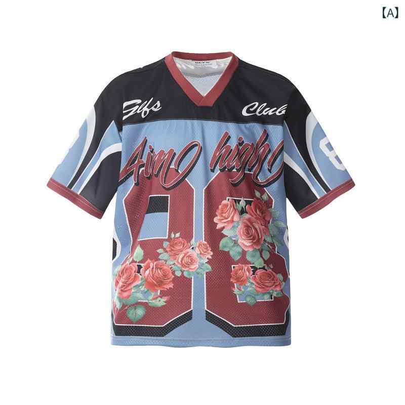 Rakuten - 短袖Tシャツ メンズ レディース Vネック スポーツ 街頭スタイル ネットアイレット ゆったり トップス インパクトカラー 抽象プリント ポリエステル ストレッチ 透気性 夏用 抽象柄 切り替え 袖 短め ユニセックス 青春 ポップ デザイン ゆったりシ