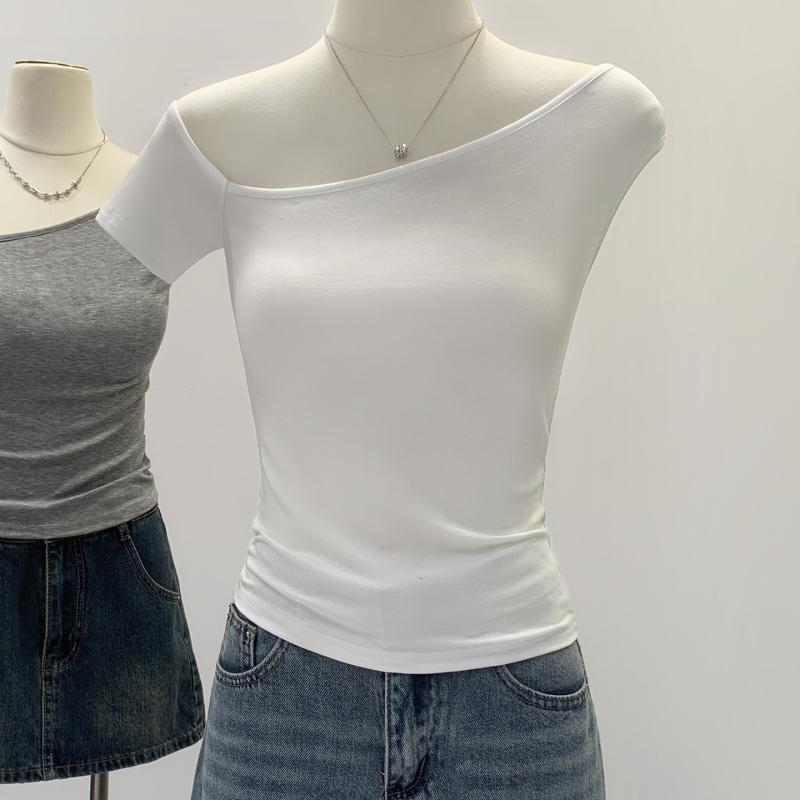 Tシャツ レディース 短袖 斜肩 露肩 修身 超短丈 切り替え レイセル繊維 純色 気質 通勤 日常 白色 黒 灰 通勤風 かわいい 女性用 トップス 夏 軽やか 柔らかい