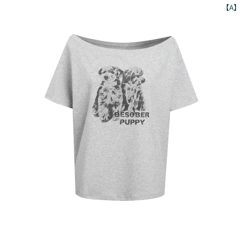 Other - レディース Tシャツ 短袖 斜肩 ワンショルダー 復古 犬柄 プリント 綿素材 コットン 100% コットン 80-90% 灰 白 グレー ホワイト 夏 春夏 2025 夏季 ゆったり ルーズフィット スリム 显瘦 カジュアル 私服 快適 休闲 御姐風