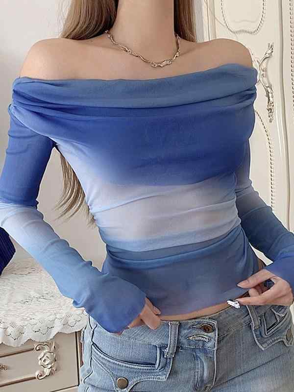 樂天商城 - レディース Tシャツ 長袖 丸首 切り替え グラデーション柄 ワンショルダー プリーツ タイダイ 修身シルエット ポリエステル 接触冷感 気質 通勤 日常 旅行 デート 街着 ブルー 夏 柔らかい 軽量 伸縮性 95% 以上 95%