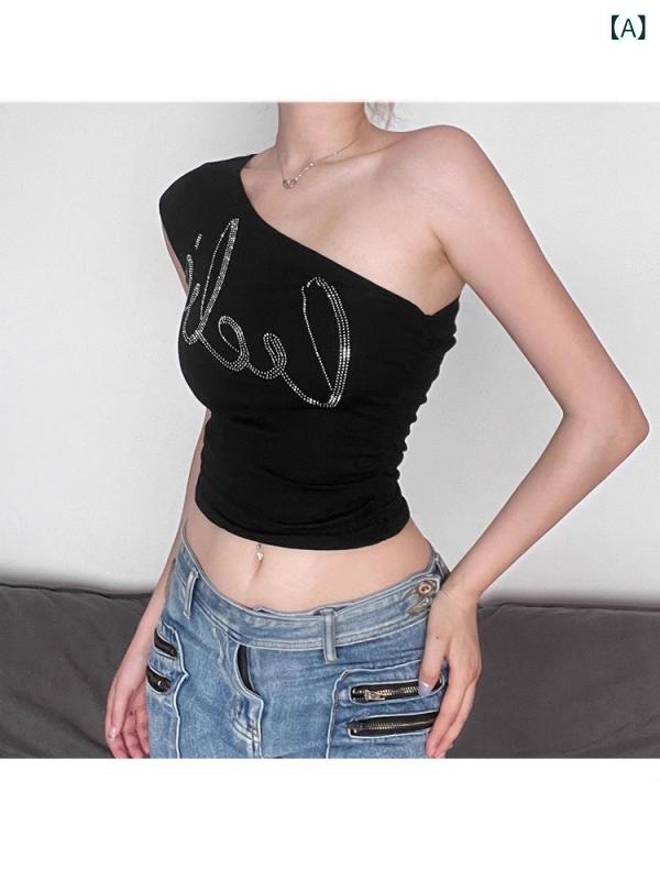 Tシャツ 女性用 無袖 黒 かわいい セクシー 斜めVネック 肩出し 背心 ハイウエスト クロップド トップス 甘辛スタイル 修身シルエット 刺繍風 スワロフスキー風装飾 再生繊維 ポリエステル 夏 私服 デート 普段使い