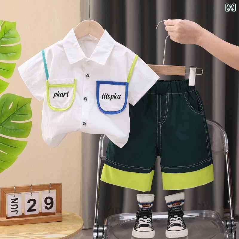 男の子 シャツ 短袖 セット 短パンツ 夏服 綿 薄手 柔軟 加工 白色 黒 字母 パター...