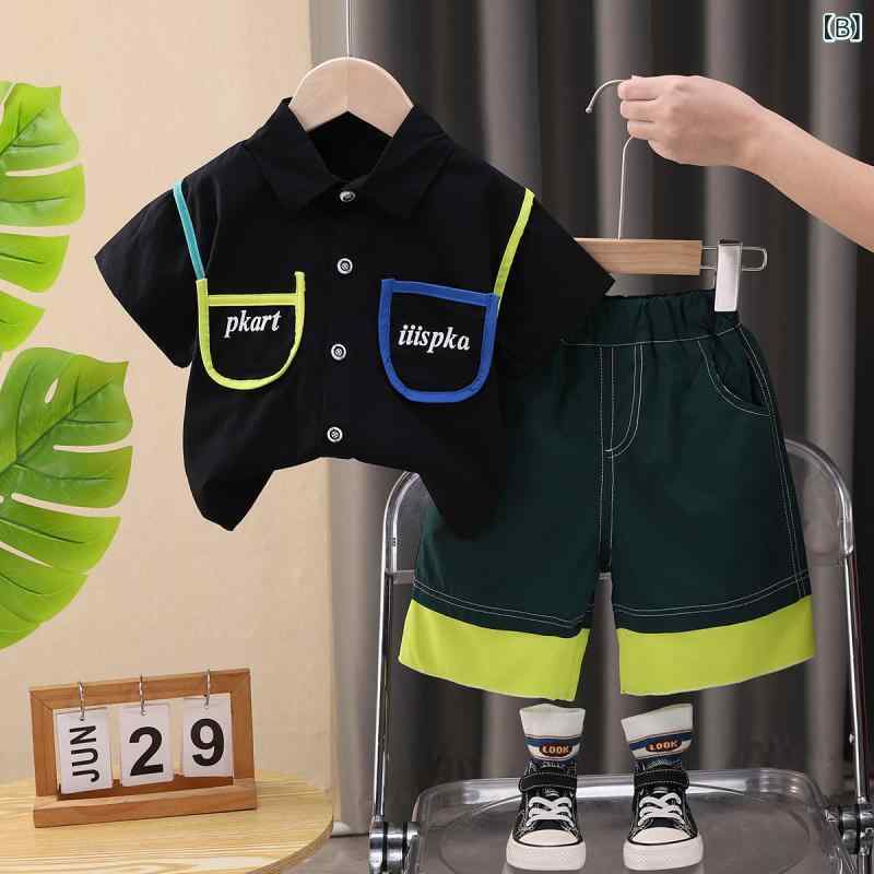 男の子 シャツ 短袖 セット 短パンツ 夏服 綿 薄手 柔軟 加工 白色 黒 字母 パター...
