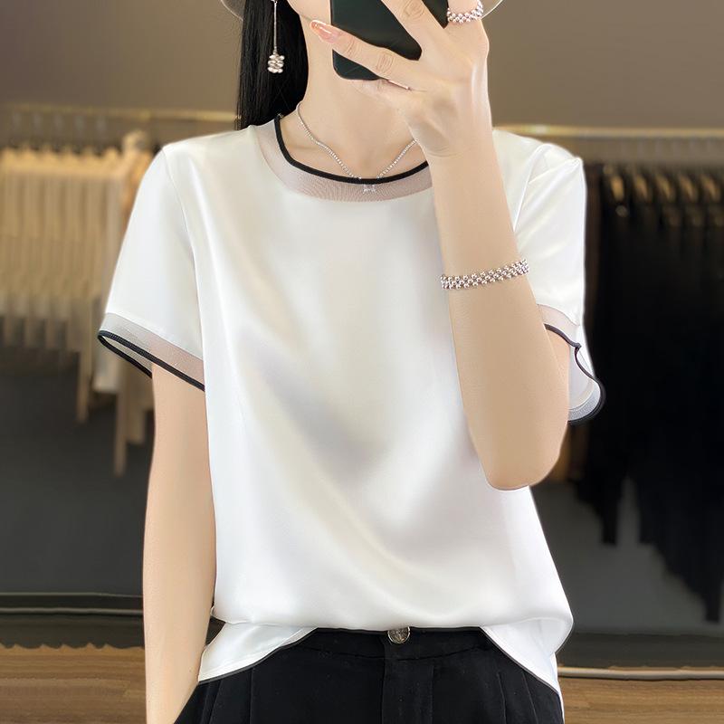 樂天商城 - Tシャツ レディース 短丈 ワイドシルエット ラウンドネック 切り替え レース 短袖 薄手 シルク調 サテン 風通勤 気質 優雅 春夏 純白 黒 シャンパン アセテート繊維 95% セットアップなし