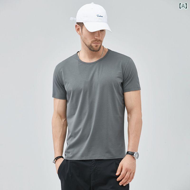 T-Shirts - メンズ Tシャツ 短袖 丸首 黒 薄手 伸縮性 ゆったりシルエット 涼感 夏用 ポリエステル混紡 純色 基礎 レイヤード 普段使い シンプル 軽量 弾力 トップス 無地 涼しい 機能性 吸収速乾 ゆったり 大きめサイズ