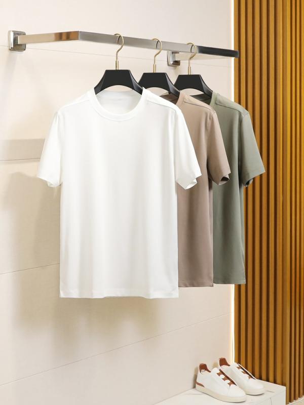 乐天商城 - メンズ Tシャツ 短袖 丸首 薄手 コットン モダール混紡 透気性 抗菌 吸湿速乾 冷却感 黒 白 グレー 茶色 緑 夏 基本 シンプル 固形色 フィット 青年 カジュアル 都市スタイル 軽量 日常使い 通勤 アクティブ 再生繊維 シルク調 ソフト 肌触