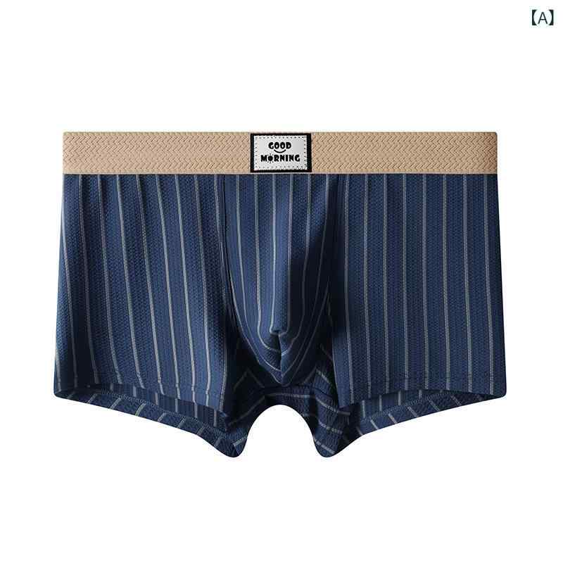 Men'S Underwear - メンズ ショーツ アイスシルク 接触冷感 速乾 透気 条紋 格子 ニット 錦纶 中腰 メンズ インナー 夏用 春用 宝藍 黒 深灰 快適 軽量 吸湿 成年 男性用 平角 青少年