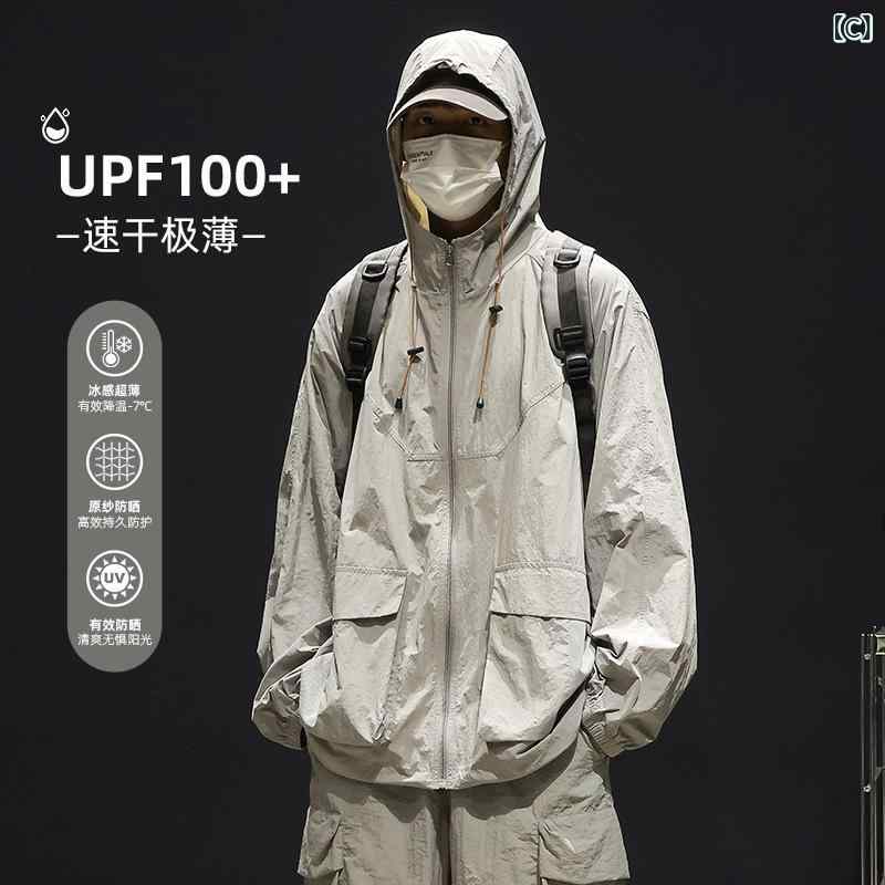 フォークBRのメンズ 防晒 ジャケット フード付き 薄手 夏用 UPF100+ 紫外線対策 機能性 ポリエステル 接触冷感 黒 米白 灰 深棕 ルーズフィット シンプル ジップアップ サイドポケット スポーツ 都市 春夏｜アングル3