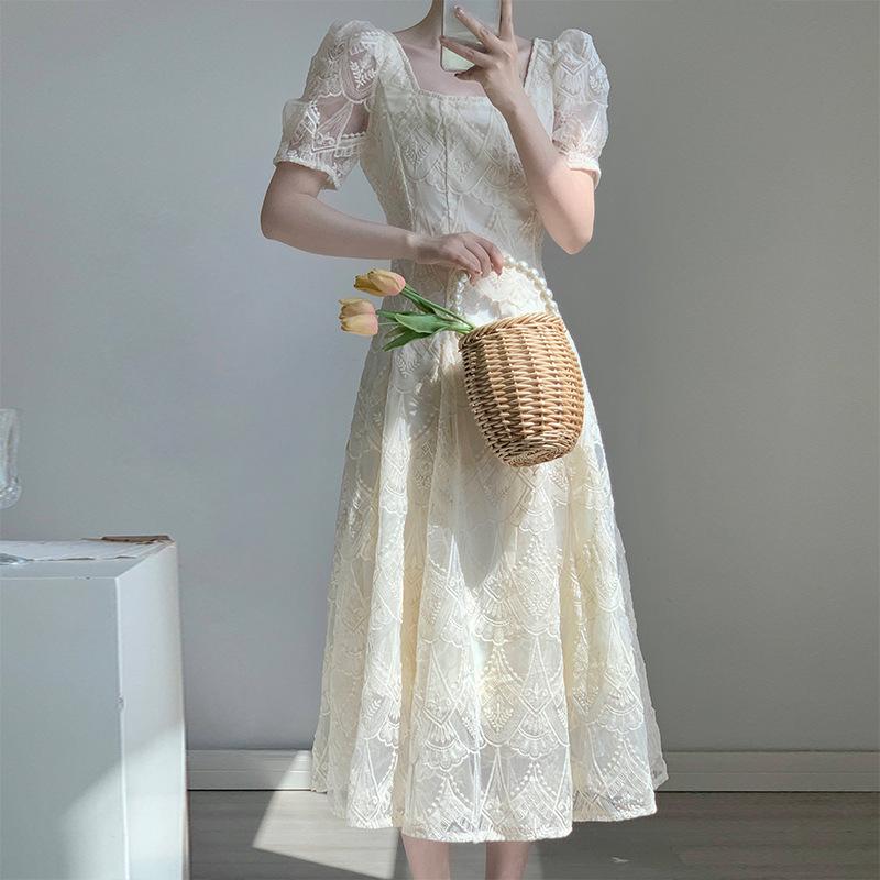 乐天商城 - ワンピース レディース 春夏 法式風 杏色 刺繍 欧根纱 方領 泡泡袖 短袖 高腰 荷叶边 長裙 気質 優雅 米白 純色 セット頭 単件 文艺 復古 涤纶 80% 刺繍 提花 軽量 通気性 伸縮性 日常 デート パーティー