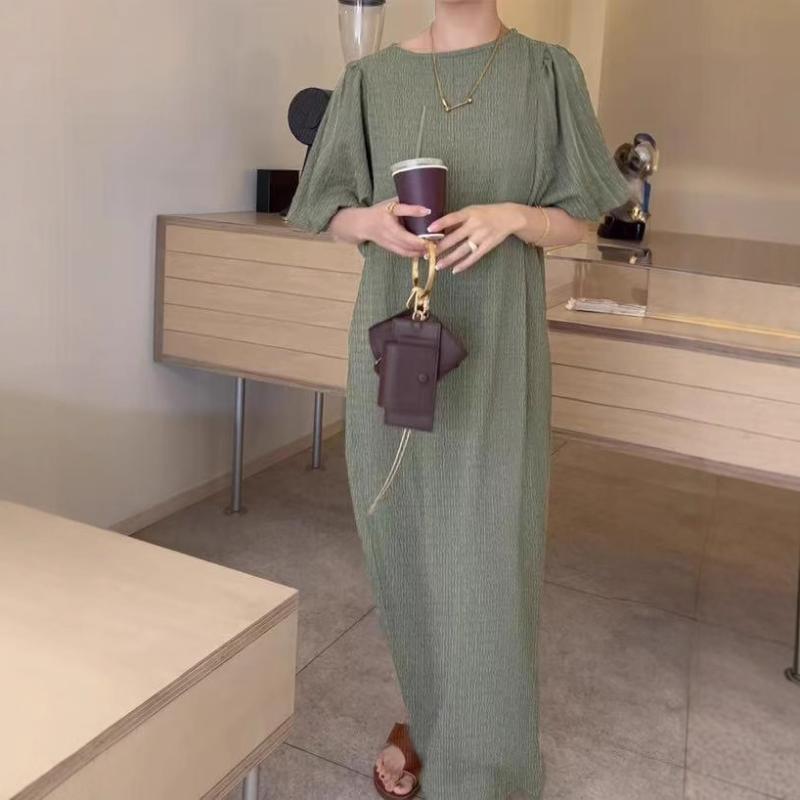 樂天商城 - ワンピース レディース 春夏 かわいい ゆったり 気質 Aライン ロングスカート 泡泡袖 短袖 ラウンドネック ゆったり腰 プリーツ 単品 ポリエステル 無地 切り替え 加工 黒 グレー ブルー 緑 日系 韓国風 ビーチ ドレス ワンピースドレス ロング