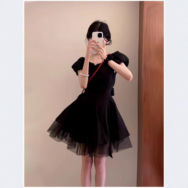 Other - ワンピース 女性用 春夏 黒 波点 泡泡袖 収腰 短め プリーツスカート 網纱 フレア スカート ポロ襟 短袖 中腰 ポリエステル 素材 基本デザイン 単品 気質 法式 優しい スタイル 復古 中国風 スカート 黒波点 デザイン ミドルサイズ 対応