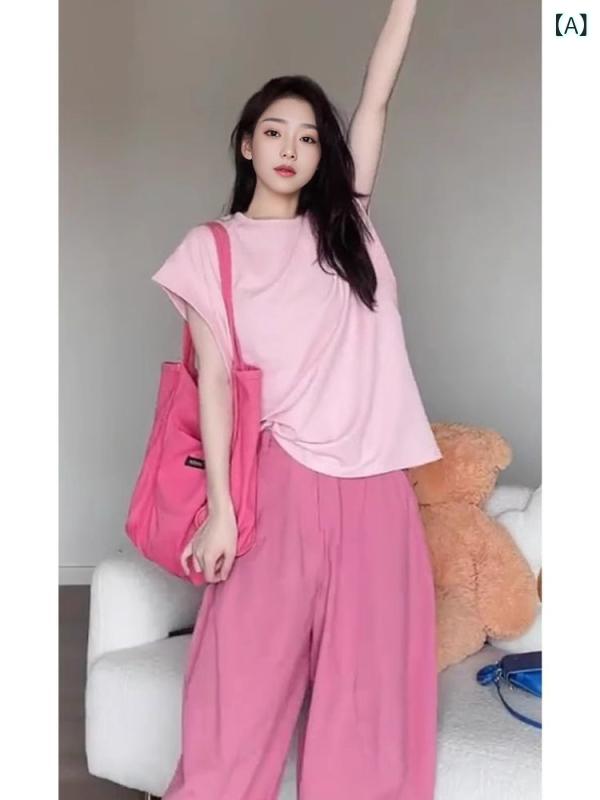 レディース トップス 粉 セットアップ ワイドパンツ セット かわいい 活発 夏 気質 通勤 スタイル 純色 長ズボン 3分袖 免燻処理 気質 通勤風 裤装 女性用 通常袖 夏 セット 日常使い オフィス コーディネート 軽やか 快適 ピンク 淡い 色合 2