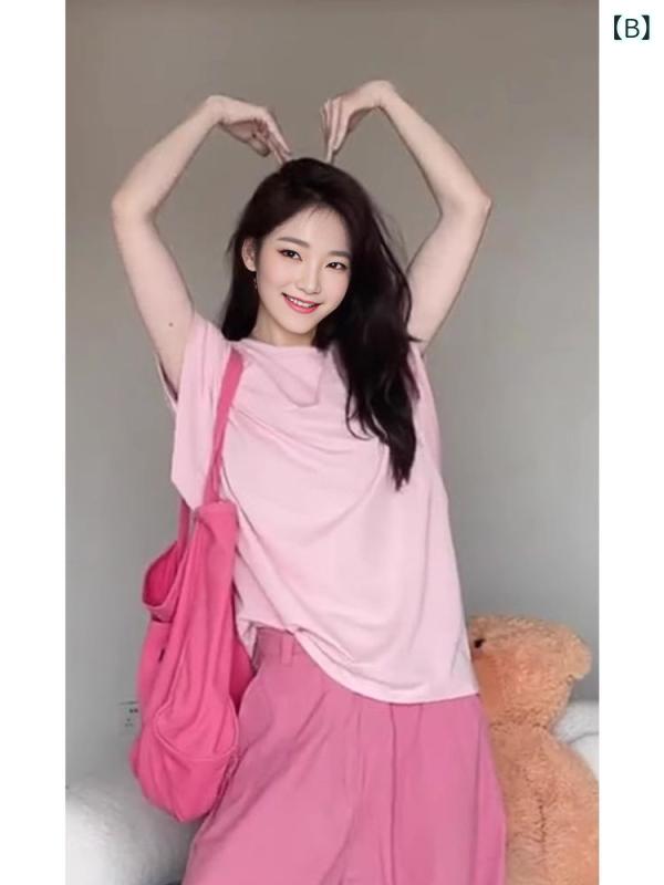 レディース トップス 粉 セットアップ ワイドパンツ セット かわいい 活発 夏 気質 通勤 スタイル 純色 長ズボン 3分袖 免燻処理 気質 通勤風 裤装 女性用 通常袖 夏 セット 日常使い オフィス コーディネート 軽やか 快適 ピンク 淡い 色合 3