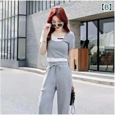 レディース セットアップ 高腰 ワイドパンツ ロングパンツ トップス 短袖 Tシャツ 短丈 切り替え デザイン ポリエステル 素材 黒 灰 通勤 スタイル 気質 優雅 夏 人気 組み合わせ 女性 服 気軽 ファッション 涼しい 軽量 快適 普段使い 外出 2