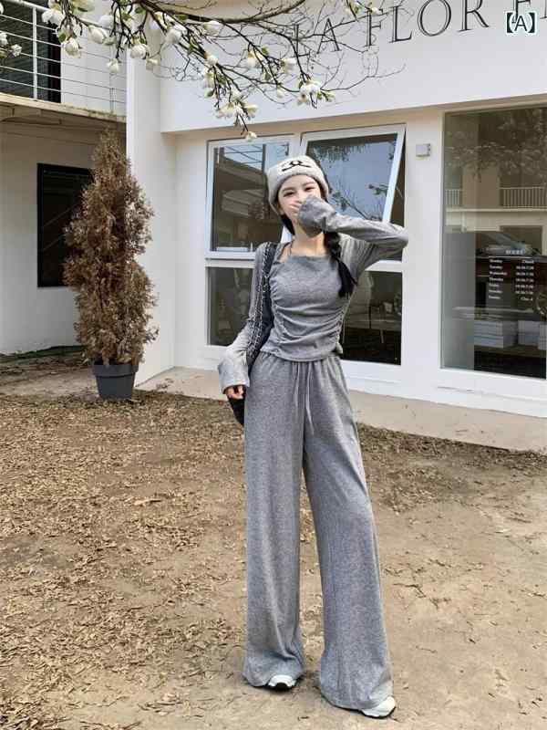 レディース セットアップ トップス 長袖 Tシャツ ワイドパンツ 高腰 長ズボン 秋 浅灰 気質 通勤 スタイル 気質 優雅 ポリエステル 繊維 洗い加工 純色 デザイン 女性 服 秋服 ゆったり シルエット ビジネス カジュアル 日常使い 軽量 素材 2