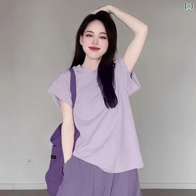 レディース セットアップ 紫 ピンク 黒 白 Tシャツ ワイドパンツ 夏 かわいい 気質...