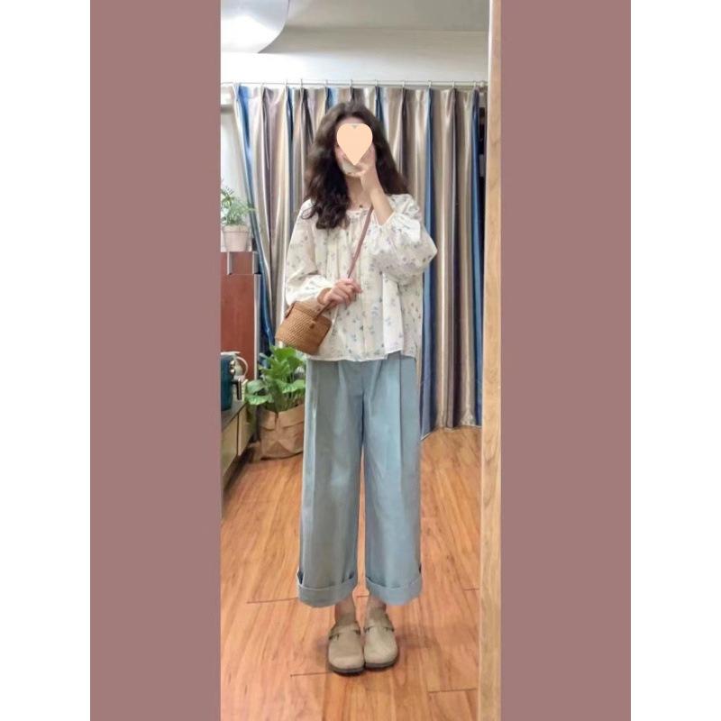 レディース セットアップ 春 フレンチスタイル 清新 デザイン ラウンドネック 花柄プリント 長袖 シャツ ブルー ワイドパンツ 気質 通勤 スタイル 快適 休闲 ロングパンツ 花柄 プリント加工 長袖 トップス ワイドレッグパンツ セット 女性用 気質