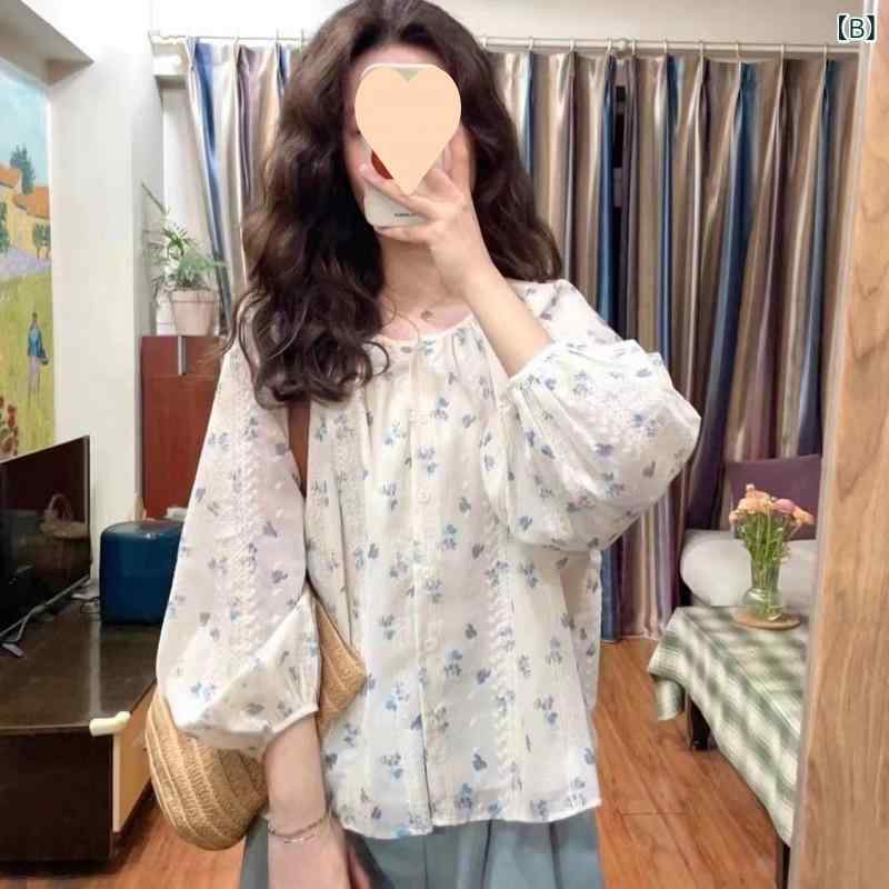 レディース セットアップ 春 フレンチスタイル 清新 デザイン ラウンドネック 花柄プリント 長袖 シャツ ブルー ワイドパンツ 気質 通勤 スタイル 快適 休闲 ロングパンツ 花柄 プリント加工 長袖 トップス ワイドレッグパンツ セット 女性用 気質 3