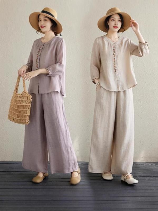 レディース トップス 刺繍 シャツ ワイドパンツ セット コットン リネン 素材 紫 麻色 夏 ゆったり シルエット 九分袖 快適 日常使い チュニック ブラウス ゆったりパンツ 中国風 刺繍柄 ボヘミアン スタイル