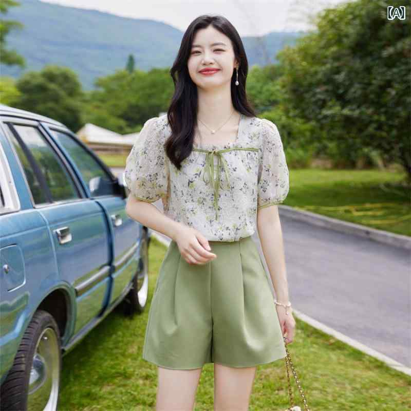 レディース トップス セットアップ 緑 フレアスリーブ ロングスリーブ プリント柄 ...