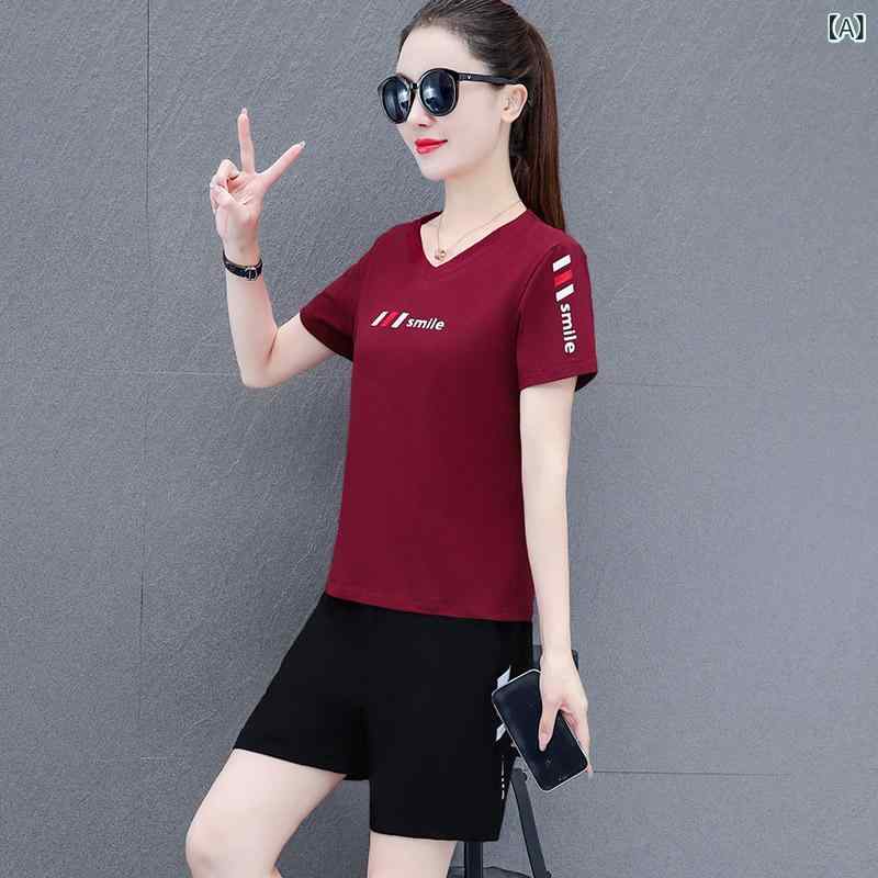 レディース 短袖 Tシャツ 短パン セット 95%コットン Vネック トップス 5分袖 5分丈 綿混 ポリエステル スパンデックス インナー 酒紅 紅 藍 黒 通勤 気質 スタイル 休闲 ファッション プリント 柄 文字 数字 夏 セットアップ 女性用