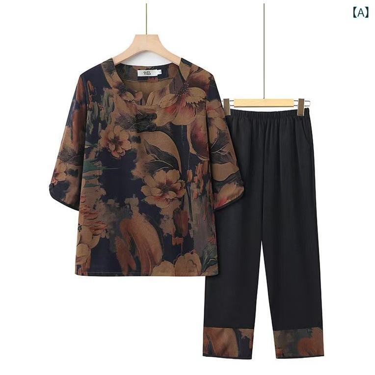 レディース 七分袖 トップス セットアップ 唐装風 Tシャツ シャツ 夏服 ポリエステル 花柄 ボタン 黒 赤 復古 芸術的 中国風 軽量 涼しい 女性 ミドルエイジ グランマ セット