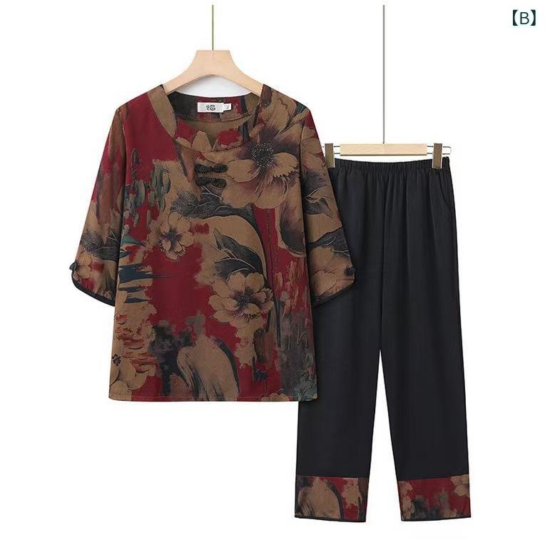 レディース 七分袖 トップス セットアップ 唐装風 Tシャツ シャツ 夏服 ポリエステル 花柄 ボタン 黒 赤 復古 芸術的 中国風 軽量 涼しい 女性 ミドルエイジ グランマ セット 2