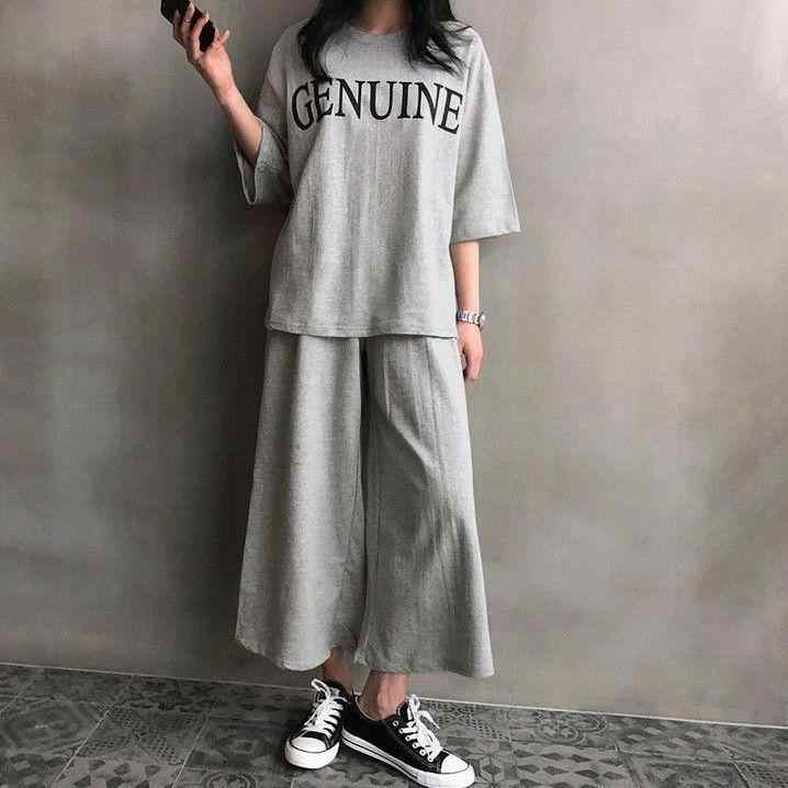 樂天商城 - レディース セットアップ トップス ワイドパンツ セット 短袖 Tシャツ 2点組 ゆったり ビッグシルエット 膝下ロング プリント柄 ポリエステル 素材 気質 通勤 スタイル 都市 ファッション 灰 黒