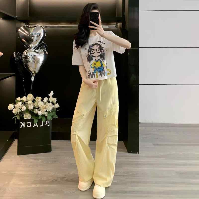 レディース 夏 セットアップ かわいい ファッション 休日 服 丸首 漫画 プリント Tシャツ ゆったり ワーク ロングパンツ 2点セット 綿混紡 素材 日韓 カジュアル スタイル 半袖 長袖 トップス ボトムス ルームウェア 日常使い 軽量 快適 伸縮