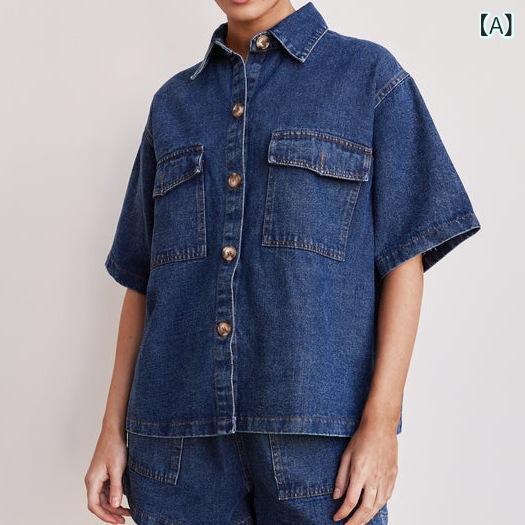 レディース 牛仔 セットアップ シャツ ショートパンツ 春夏 復古 ストリートスタイ...
