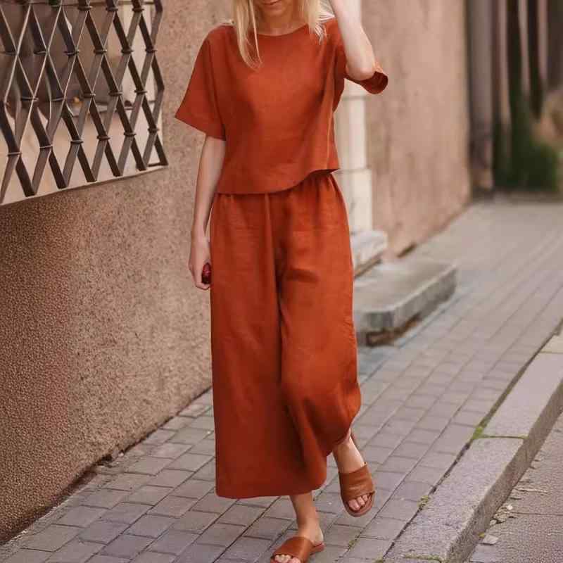 レディース セットアップ トップス 長ズボン 2点セット ゆったり 大きいサイズ シンプル 無地 切り替え デザイン コットン リネン 混紡 素材 緑 黒 カラーバリエーション 短袖 長袖 九分丈 気質 通勤 スタイル 優雅 ゆったり フィット 日常使い