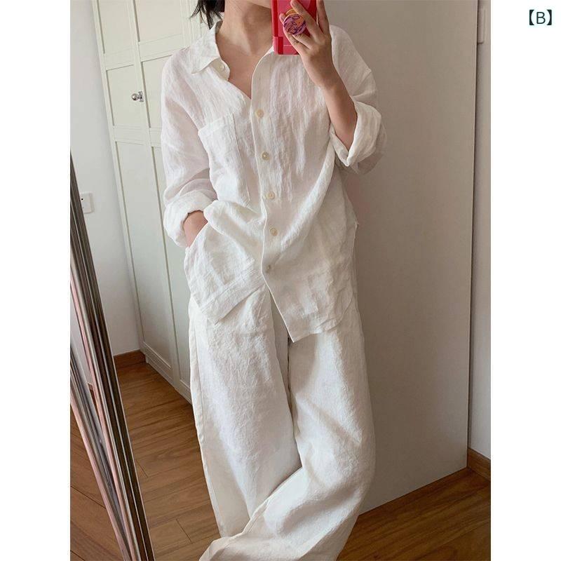 レディース セットアップ 春夏 綿麻 白 長袖 シャツ ワイドパンツ 気質 通勤 スタイル 都市風 シンプル 高級感 百搭 長袖 トップス ロングパンツ 2点セット 3