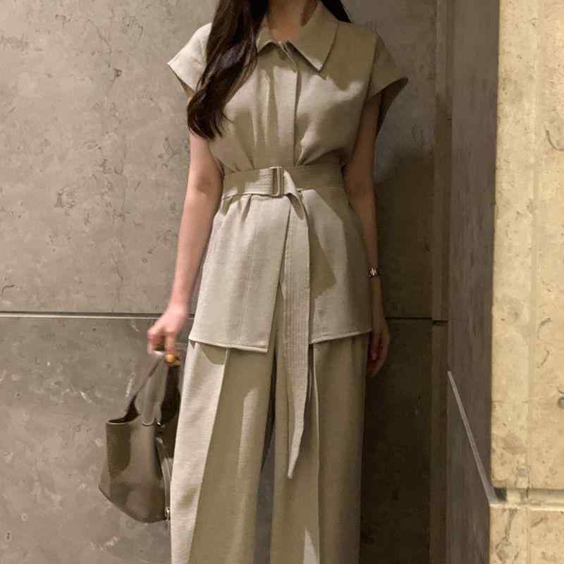 レディース セットアップ シャツ ワイドパンツ 白色 灰色 黒 オールシーズン 牛仔布 ポリエステル 切り替え デザイン 3D 効果 マカロン カラー 収腰 ハイウエスト 都市 スタイル 通勤 普段使い 軽量 伸縮性 涼しい 素材
