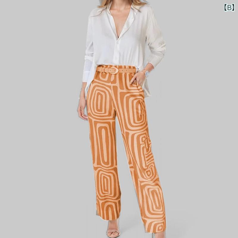 レディース セットアップ シャツ ロングパンツ 几何柄 プリント 長袖 ワイドシルエット ポリエステル 混紡 無鉄 ゆったり 気質 優雅 通勤 日常 グレー オレンジ カーキ オールシーズン ファッション 3
