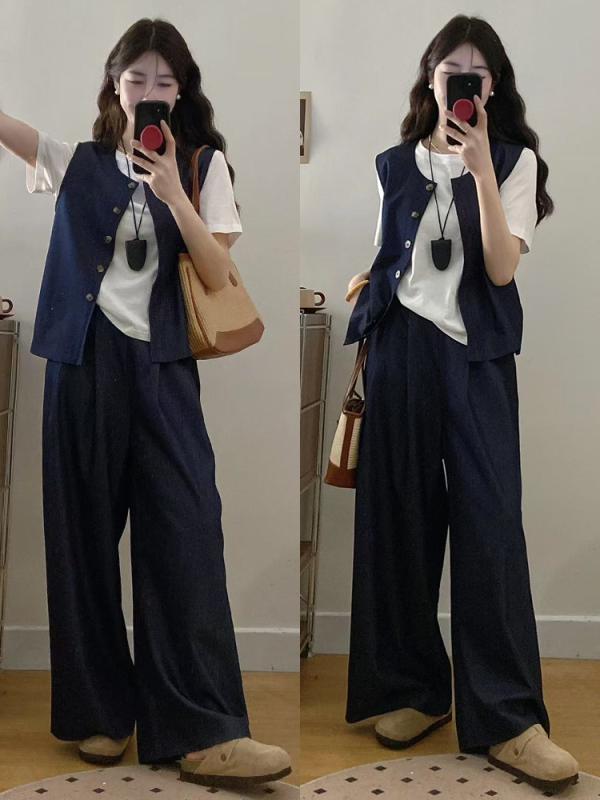 レディース Tシャツ ベスト ワイドパンツ セット 綿ポリエステル混紡 切り替えデザイン 三分袖 長ズボン 通勤スタイル 気質 夏 ファッション シンプル 女性 大きいサイズ トップス 無地 カジュアル 普段使い 軽量 通勤用 コットン 混紡素材 ゆった