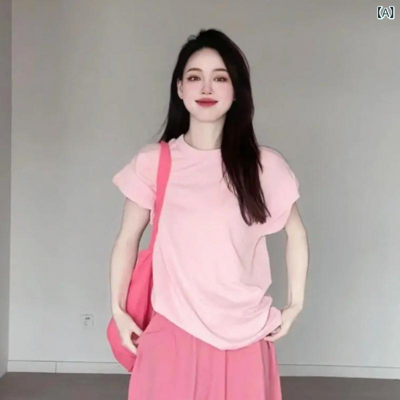 レディース Tシャツ ワイドパンツ セット 夏 コットン 素材 薄手 ゆったり スタイル 気質 通勤 都市 ファッション ピンク 紫 ブルー イエロー 長袖 袖 飛翔 袖 型 長丈 ズボン 純色 ノンアイロン 処理 四季 通用 オールシーズン かわいい 2