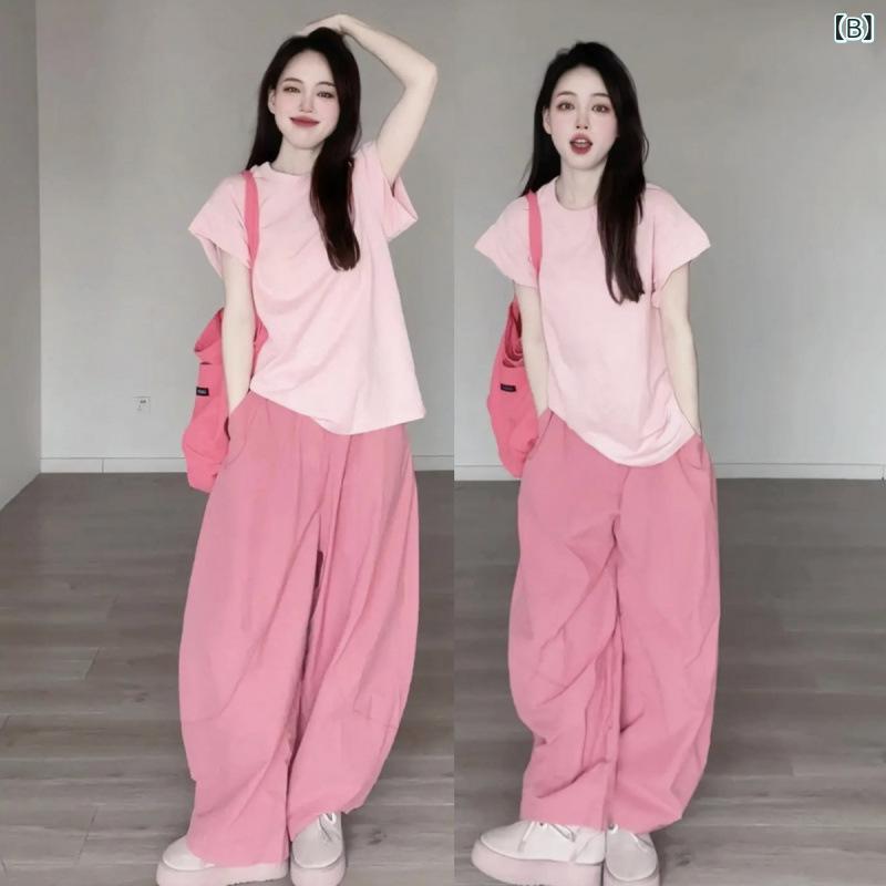 レディース Tシャツ ワイドパンツ セット 夏 コットン 素材 薄手 ゆったり スタイル 気質 通勤 都市 ファッション ピンク 紫 ブルー イエロー 長袖 袖 飛翔 袖 型 長丈 ズボン 純色 ノンアイロン 処理 四季 通用 オールシーズン かわいい 3
