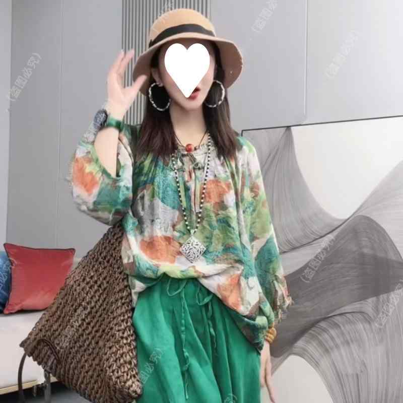 レディース トップス プリント柄 綿麻混 腈纶素材 ワイドパンツ セット 気質 通勤 都市風 長袖 超長袖 飛袖 スタイル 夏 季節 軽やか ゆったり シルエット 日常使い