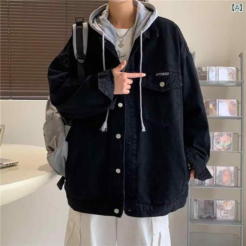 乐天商城 - メンズ ジャケット 連帽 デニム コットン 切り替え 薄手 ピースカラー 黒 ブルー 秋 秋冬 長袖 ジップアップ ラグラン袖 ルーズフィット カジュアル ストリート 普段使い 軽量 通勤 デート 機能性 伸縮性 ポケット 直線裾 免烫加工