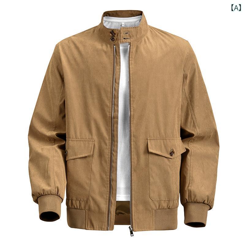 Coat - メンズ ジャケット 春秋 登山 透気 耐摩耗 シンプル スタンドカラー ルーズフィット ジップアップ ノーハット 普通厚 ポリエステル 100% ライニング ポリエステル 100% 長袖 イエロー ブラウン ベージュ クラッシュカラー ノーアイロン 加工