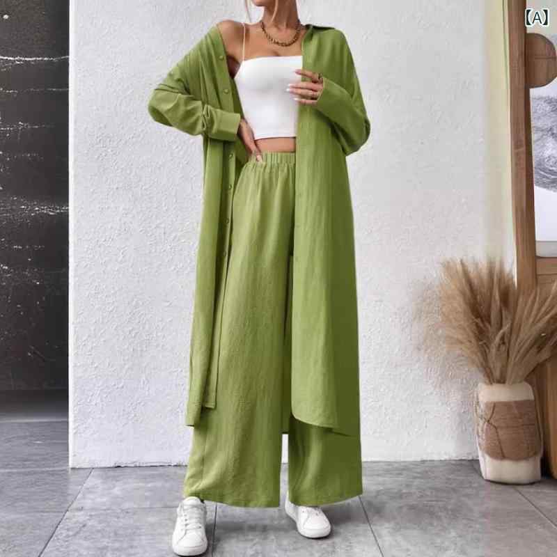 レディース セットアップ シャツ ワイドパンツ 春秋 ゆったり 大きいサイズ 長袖 長ズボン コットン リネン ポリエステル 混紡 切り替え デザイン 純色 緑 黒 ライトブルー 通勤 気質 優雅 スタイル ファッション スポーツ ミックス ルーズフィッ 2