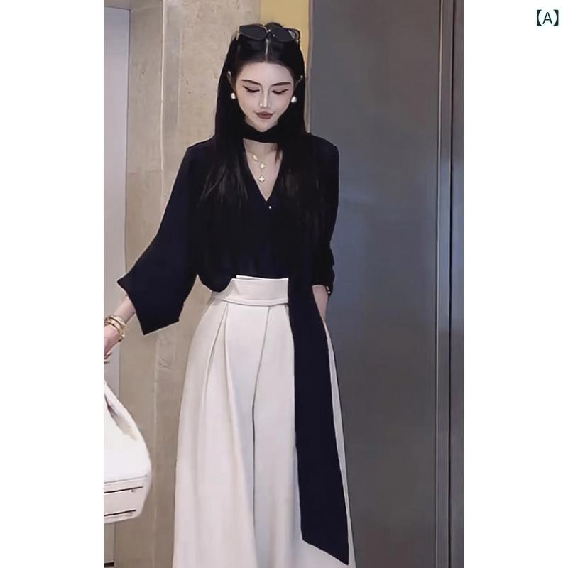 レディース セットアップ シャツ ワイドパンツ 黒 杏色 アクセントリボン ドロップショルダー ロングスリーブ 都市風 通勤スタイル 気質 カジュアル アクネロン 素材 95%以上 ゆったりシルエット 軽量 伸縮性 普段使い オフィスコーデ 女性服