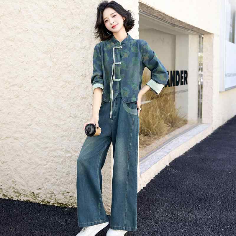 レディース セットアップ 牛仔シャツ ワイドパンツ 牛仔 綿 長袖 長ズボン 気質 通勤 ポケット 切り替え 印花 春季 セット